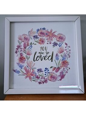 YOU ARE SO LOVED framed art glass wood frame white pink floral nursery print